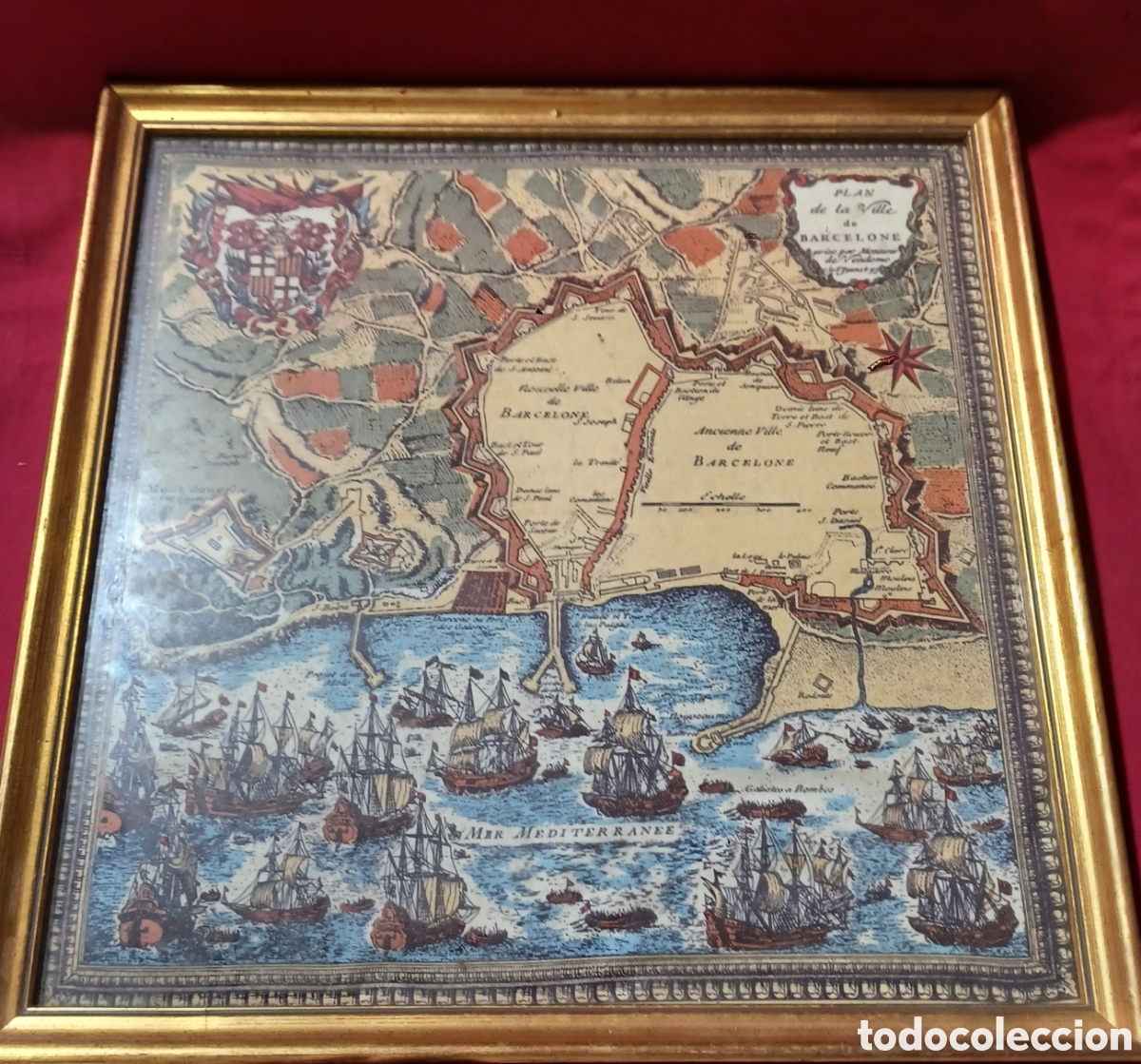Antiguidades: Cuadro con original pa&ntilde;uelo que muestra el PLAN DE LA VILLE DE BARCELONE 1697 (m)