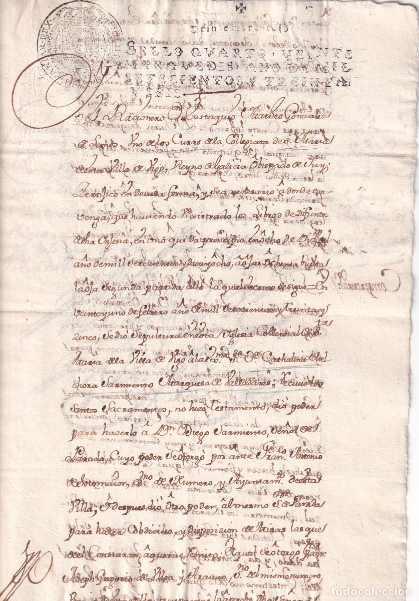 Antig&uuml;edades: Documento eclesi&aacute;stico y notarial efectuada en Vigo en el a&ntilde;o 1736 - Foto 1