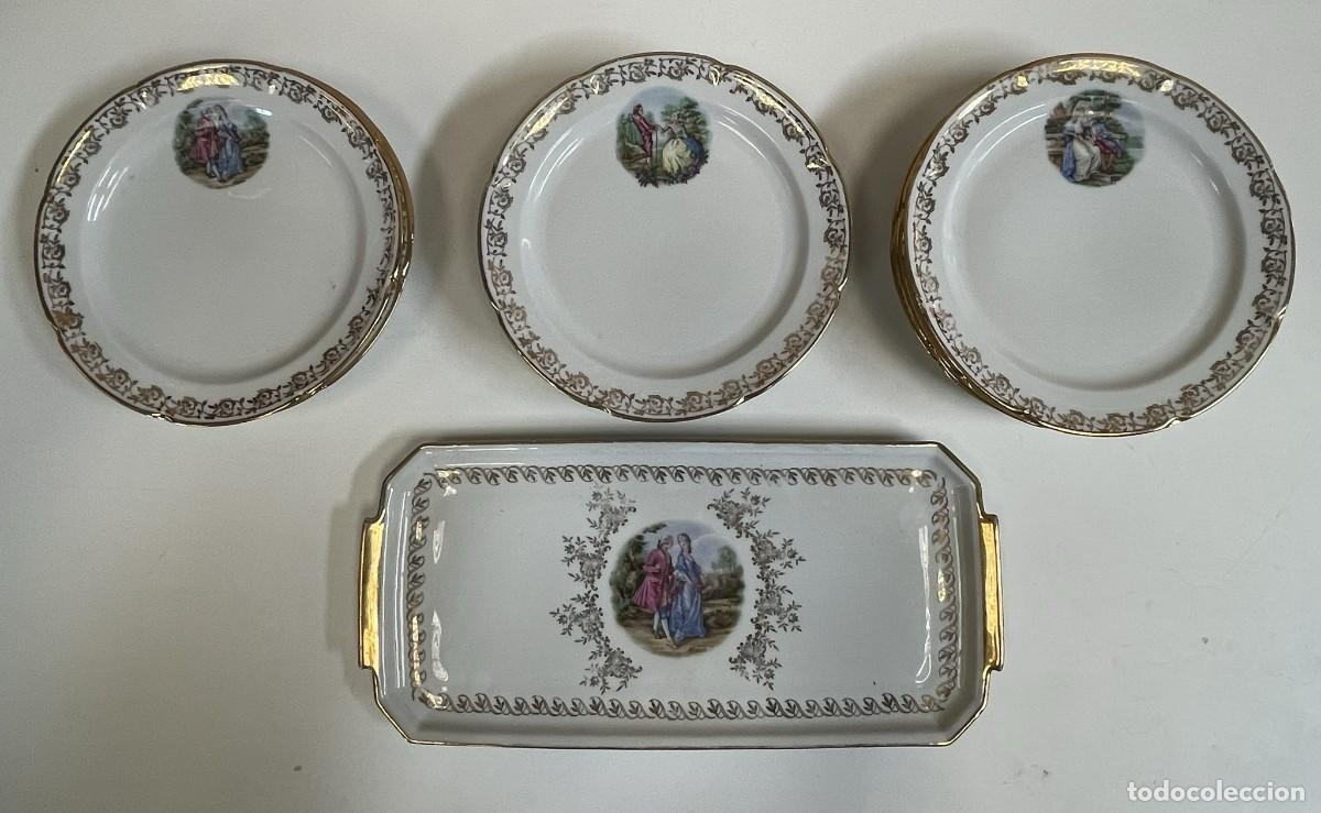 Antig&uuml;edades: SERVICIO DE POSTRE CON 6 PLATOS Y GRAN BANDEJA RECTANGULAR - Foto 1