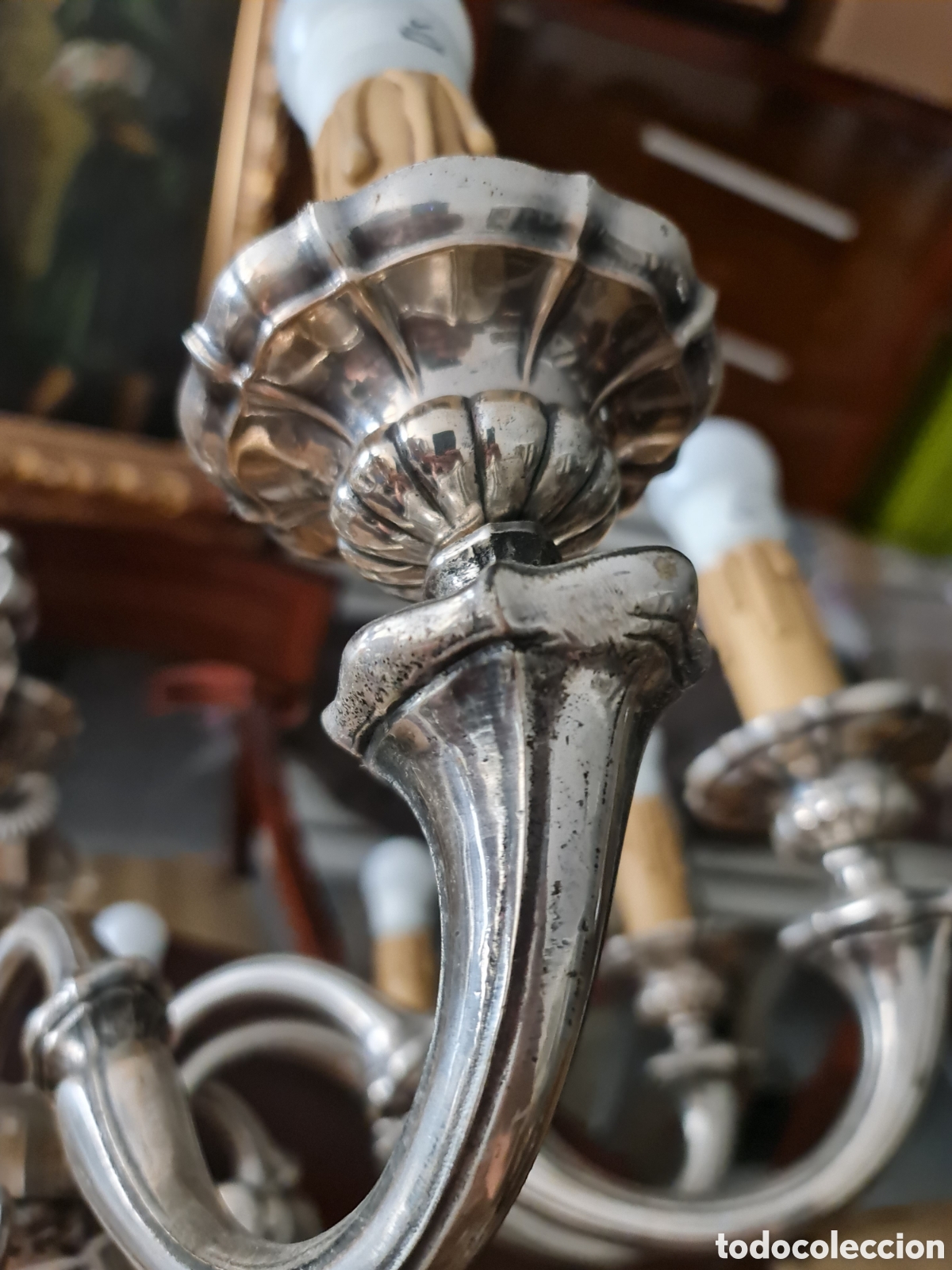 Antig&uuml;edades: L&aacute;mpara de 10 luces con ba&ntilde;o de plata . - Foto 2