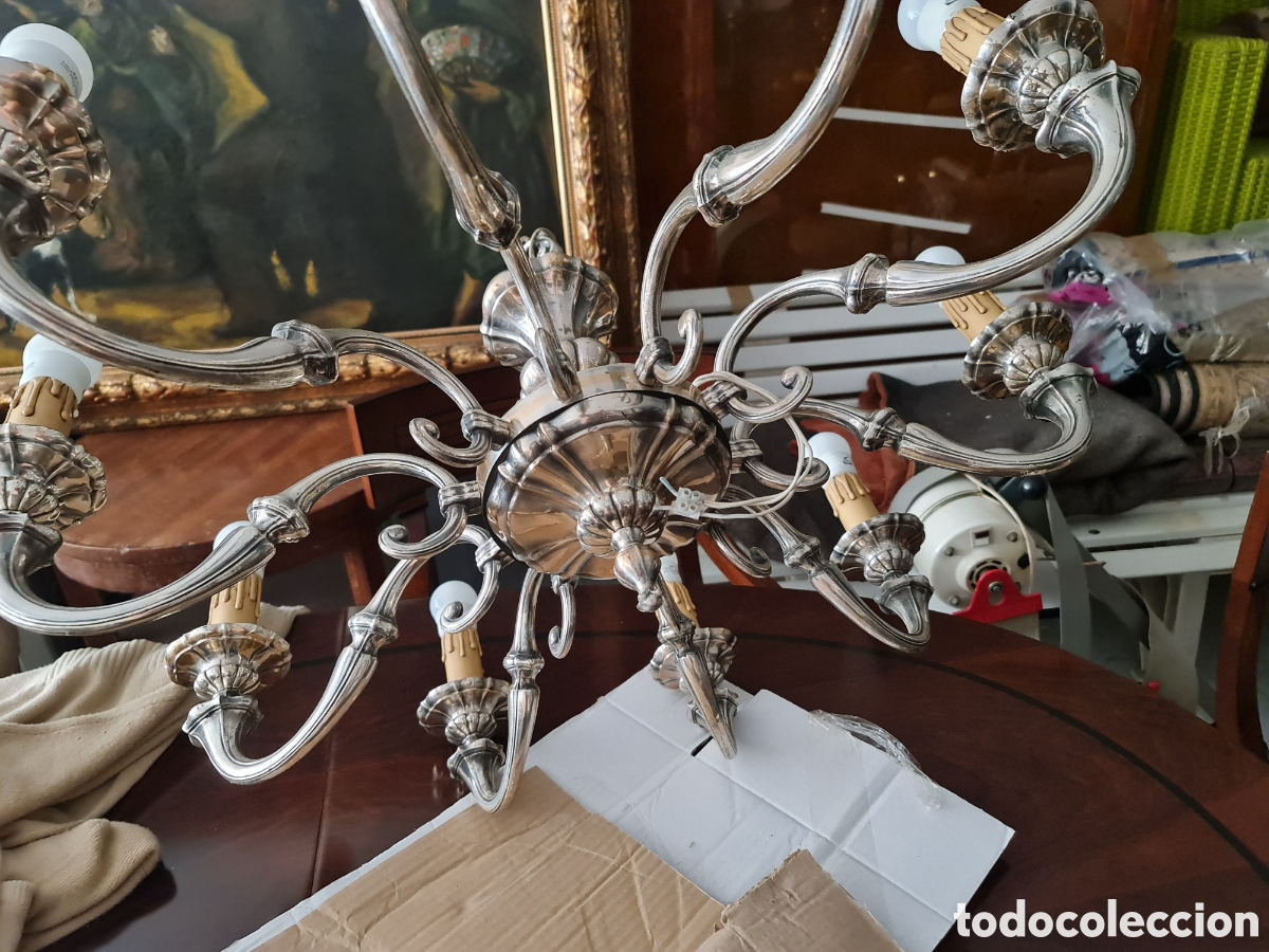 Antig&uuml;edades: L&aacute;mpara de 10 luces con ba&ntilde;o de plata . - Foto 3