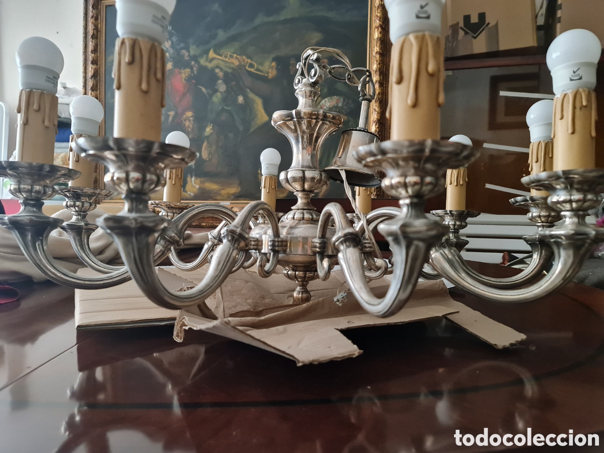 Antig&uuml;edades: L&aacute;mpara de 10 luces con ba&ntilde;o de plata . - Foto 4