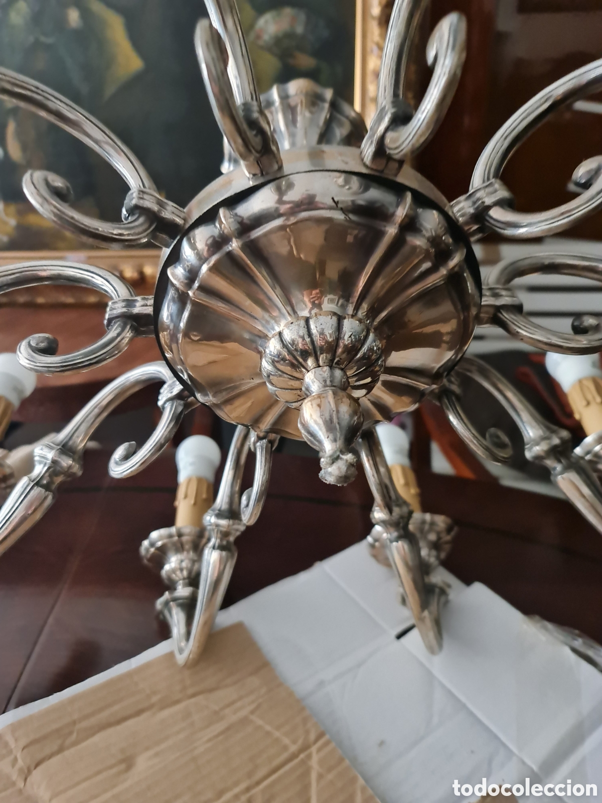 Antig&uuml;edades: L&aacute;mpara de 10 luces con ba&ntilde;o de plata . - Foto 1