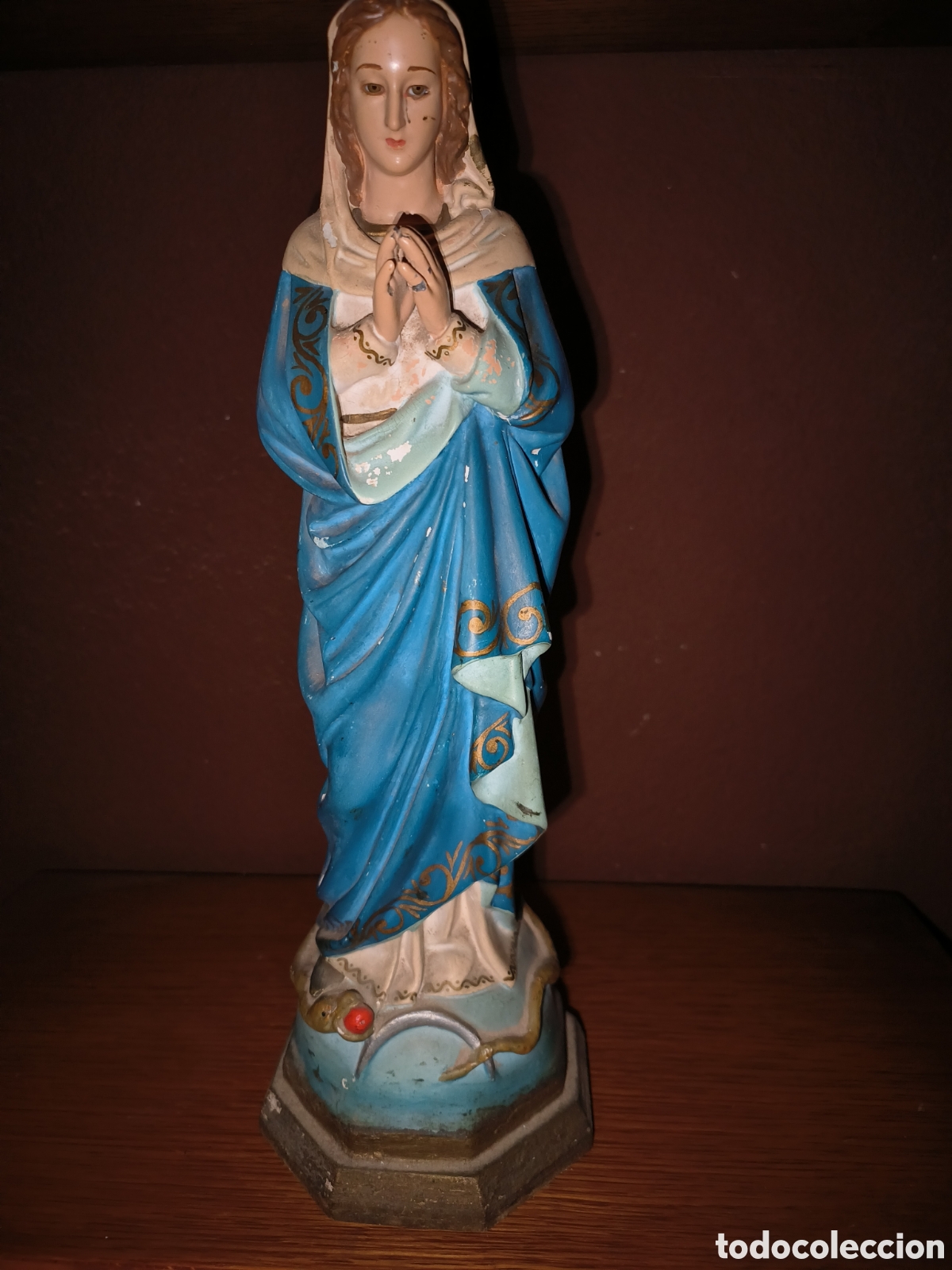 Antig&uuml;edades: Imagen Virgen Inmaculada de yeso con base en madera - Foto 4