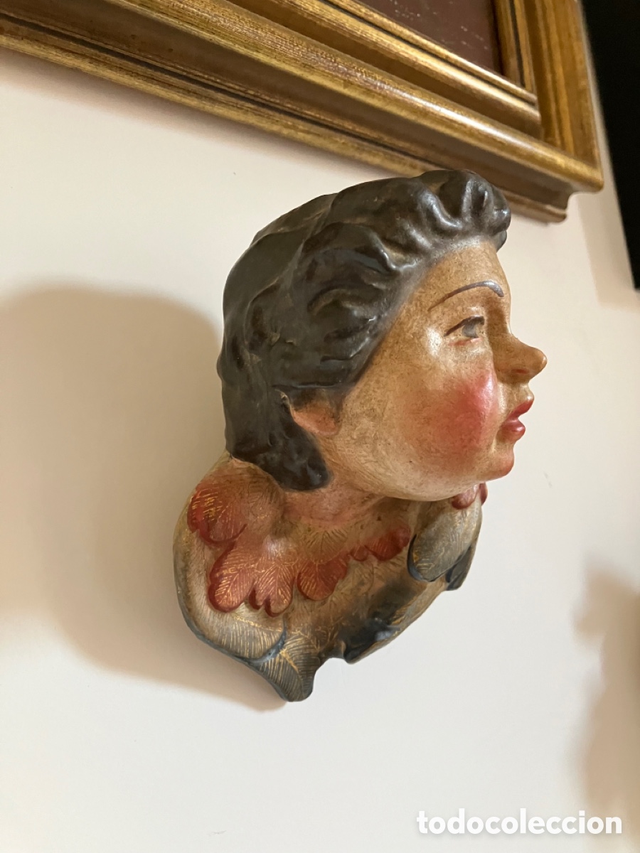 Antig&uuml;edades: Cabeza de putti en madera policromada - Foto 2