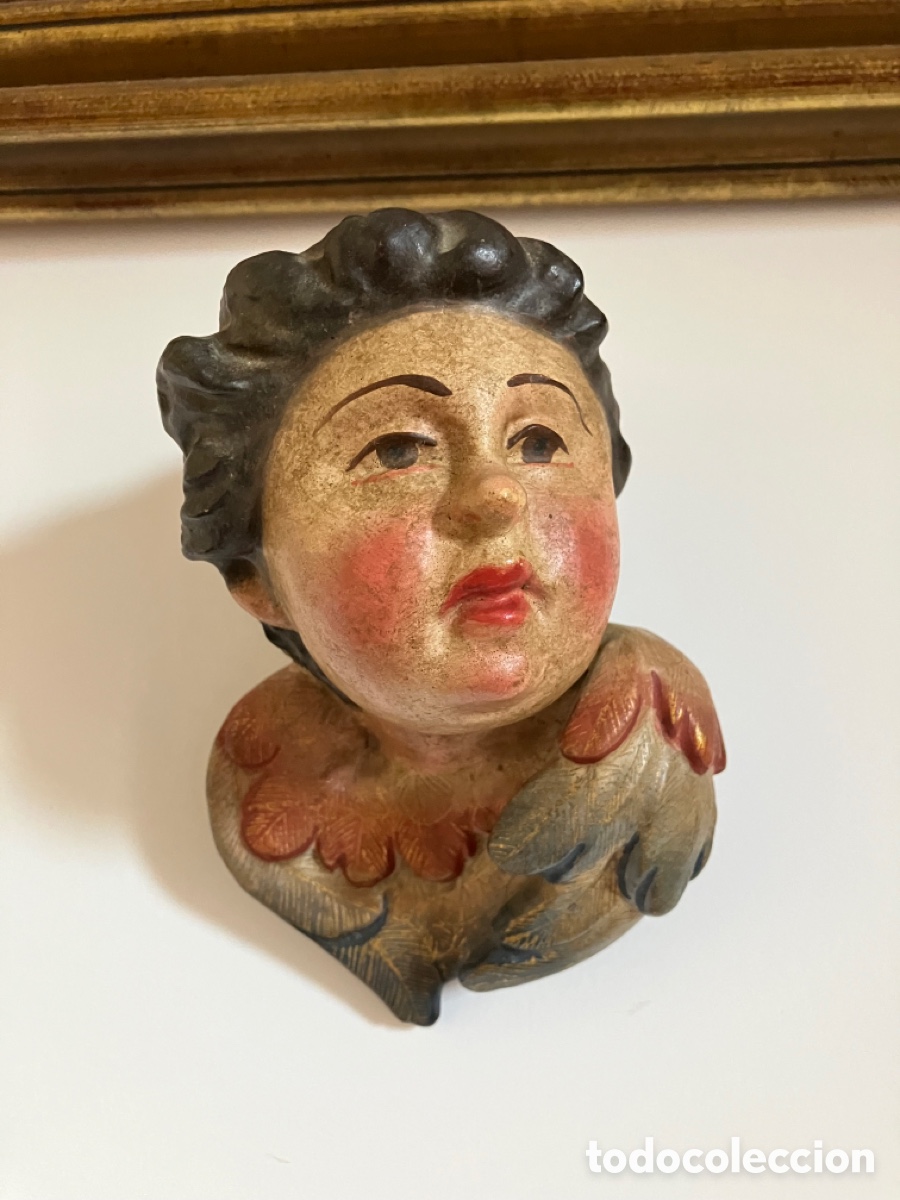 Antig&uuml;edades: Cabeza de putti en madera policromada - Foto 1