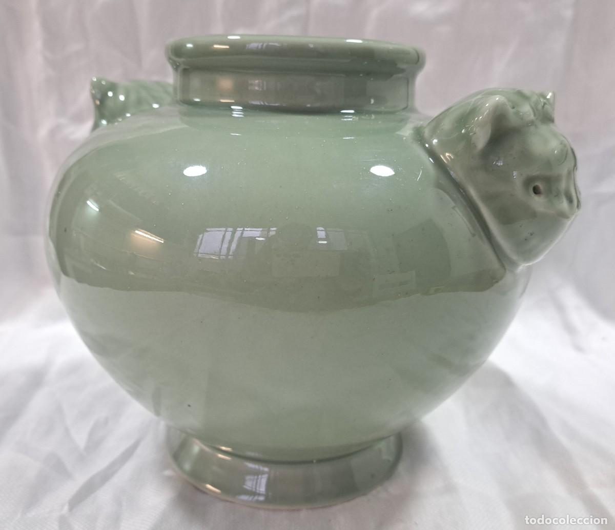Antig&uuml;edades: ANTIGUO JARRON CENTRO DE MESA CELADON CHINO CON ASA DE LEON O PERRO FOO - Foto 12