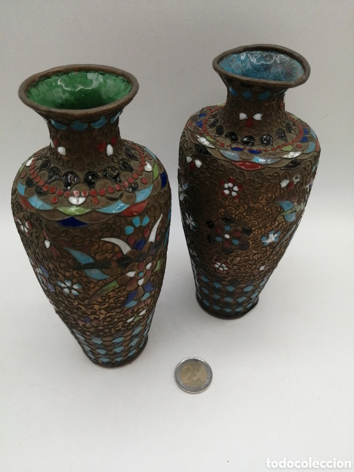 Antig&uuml;edades: Antiguos jarrones lat&oacute;n y esmalte cloisonne - Foto 9