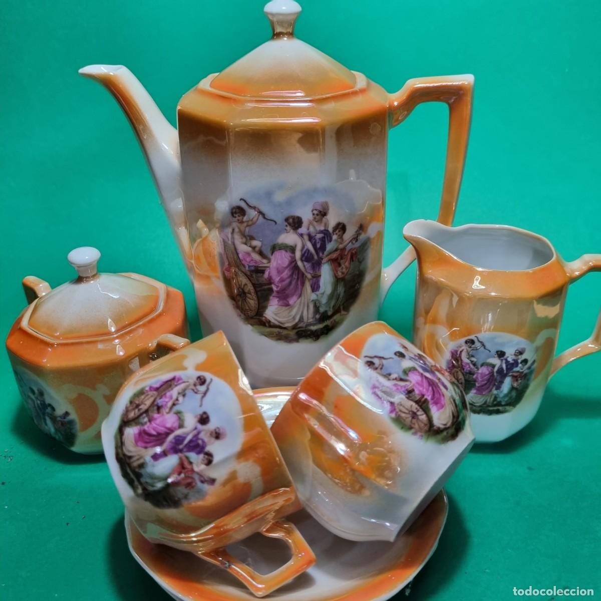Antig&uuml;edades: PRECIOSO JUEGO DE CAFE MODERNISTA PORCELANA REFLEJO PP.SG.XX. ESCENA MITOLOGICA 1900-1920 ANARANJADO