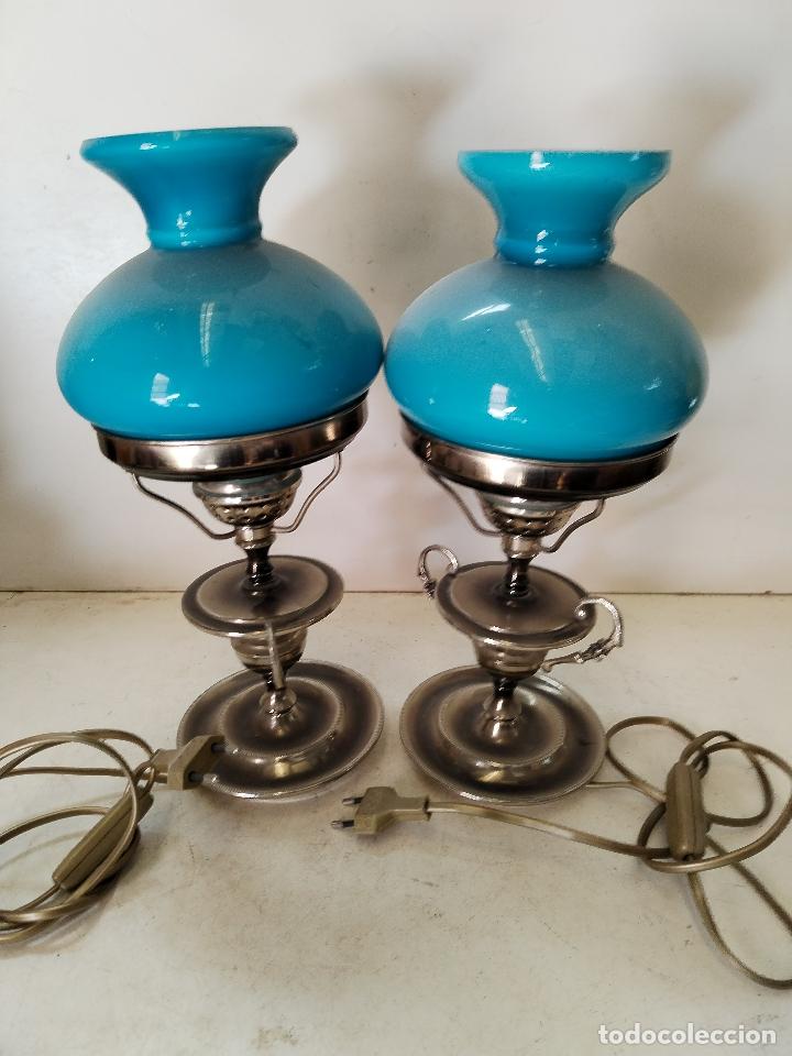 Antig&uuml;edades: pareja de lamparas quinqu&eacute; azul - Foto 6