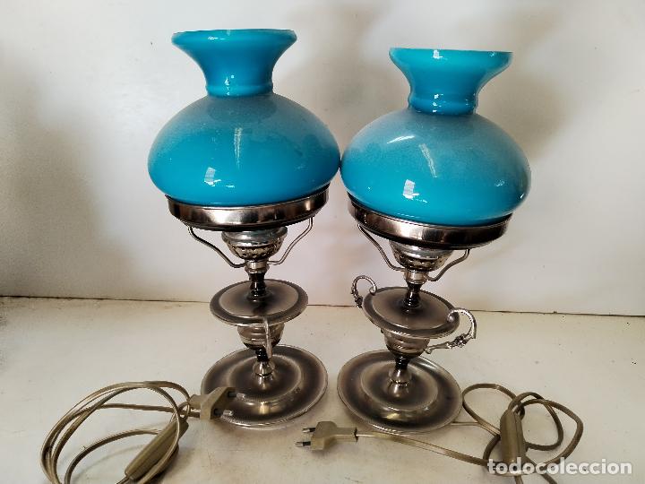 Antig&uuml;edades: pareja de lamparas quinqu&eacute; azul - Foto 1