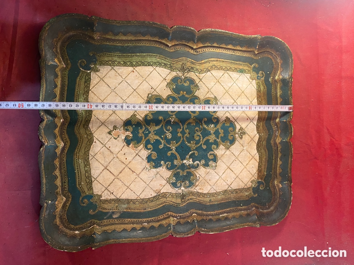 Antig&uuml;edades: Antigua bandeja de madera policromada - Foto 4