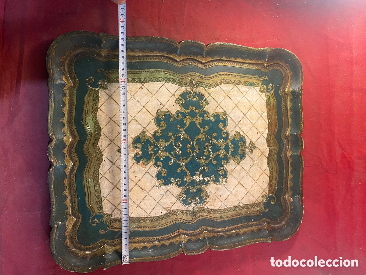 Antig&uuml;edades: Antigua bandeja de madera policromada - Foto 5
