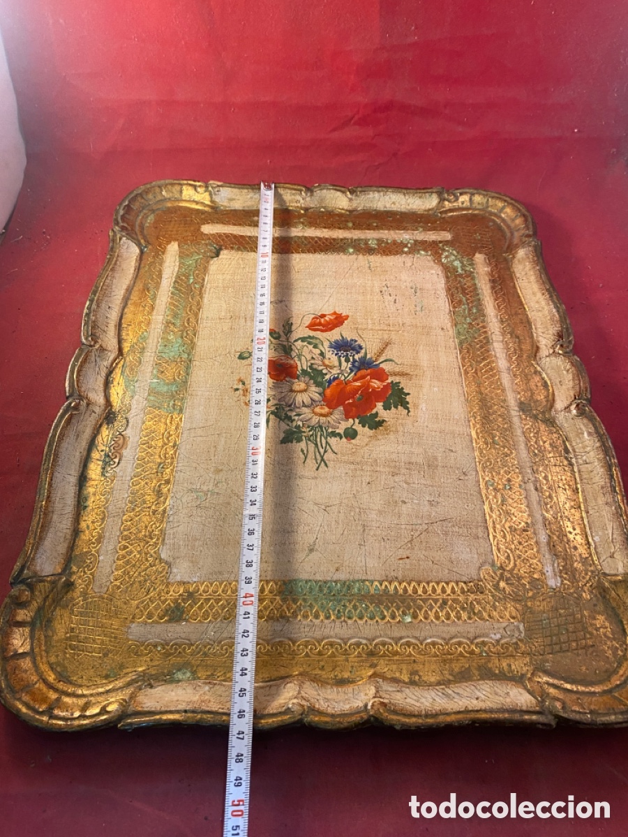 Antig&uuml;edades: Antigua bandeja de madera policromada - Foto 5