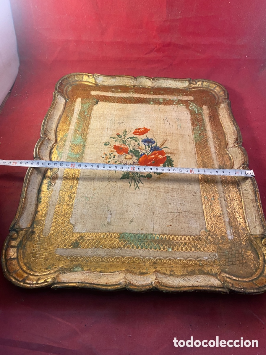 Antig&uuml;edades: Antigua bandeja de madera policromada - Foto 6