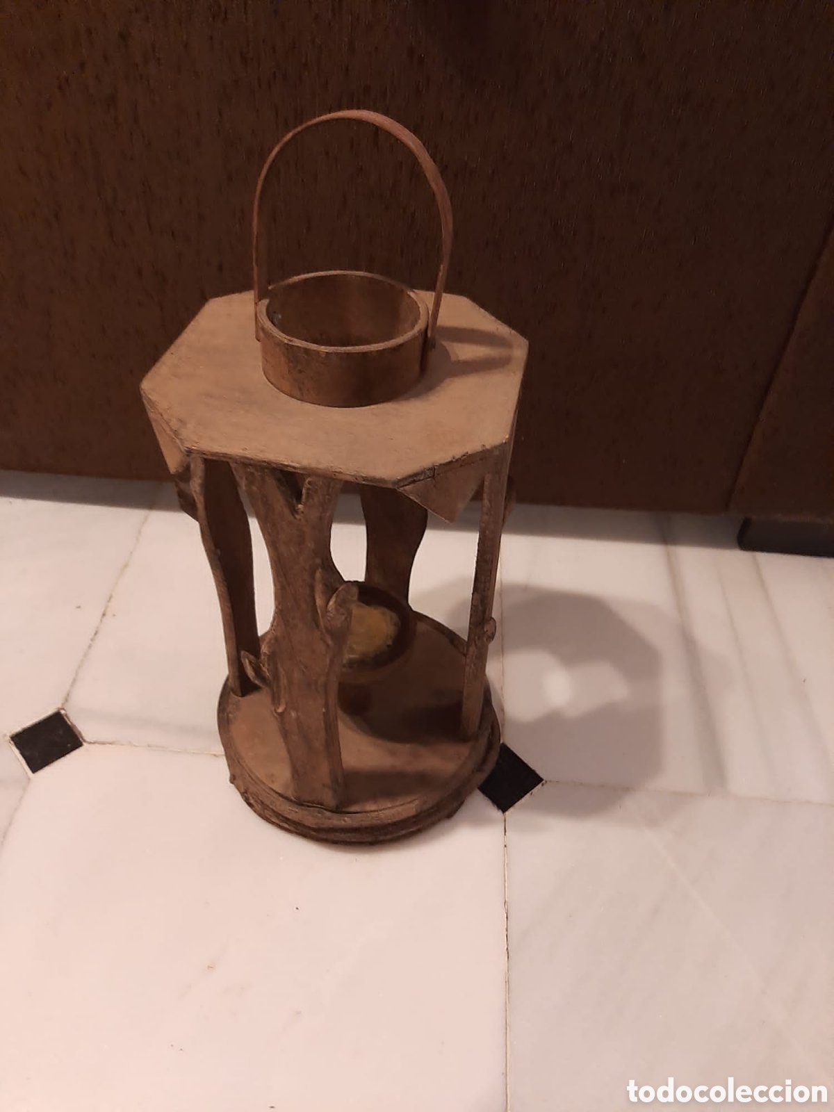 Antig&uuml;edades: Antiguo Farol portavelas madera r&uacute;stico - Foto 5