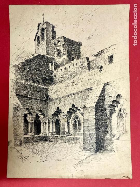 Antiguidades: DIBUJO A TINTA FIRMADO H.BAYO - BARCELONA ANTIGUA MONASTERIO SAN PABLO DEL CAMPO -S.IX