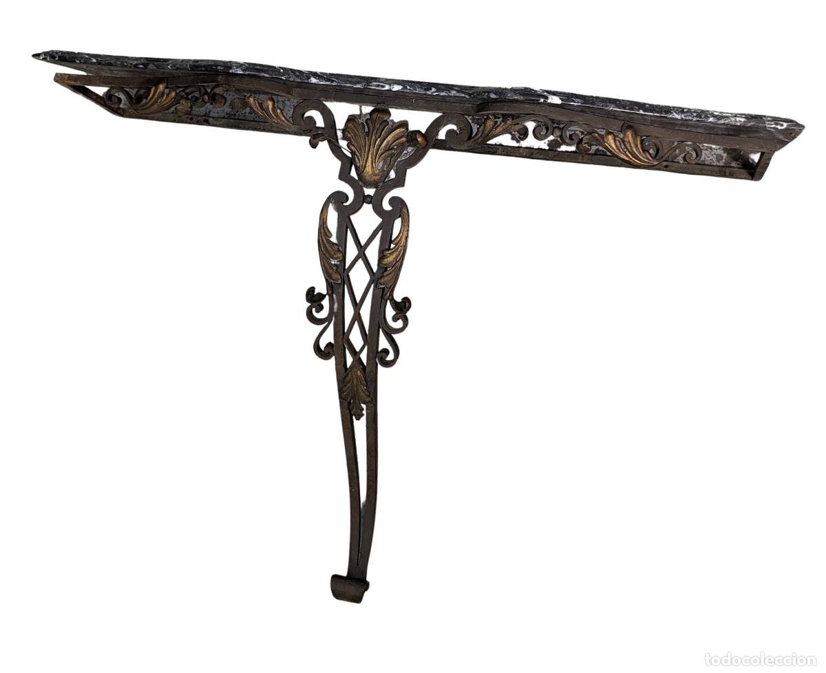 Antig&uuml;edades: Console en fer forg&eacute; 1940 Art d&eacute;co et marbre noir - Foto 3