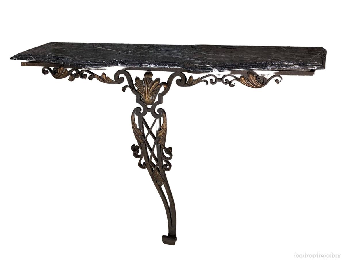 Antig&uuml;edades: Console en fer forg&eacute; 1940 Art d&eacute;co et marbre noir - Foto 4