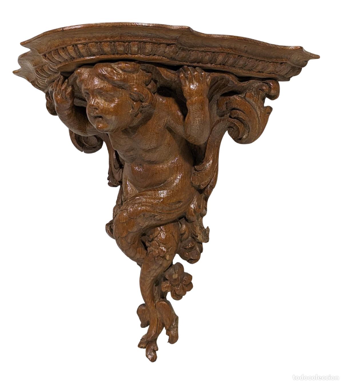 Antig&uuml;edades: Console dapplique en ch&ecirc;ne d&eacute;poque R&eacute;gence &agrave; d&eacute;cor de triton - Foto 2