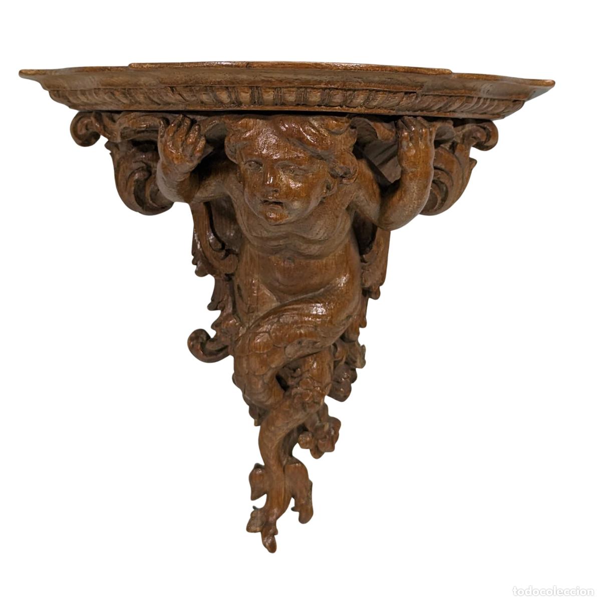 Antig&uuml;edades: Console dapplique en ch&ecirc;ne d&eacute;poque R&eacute;gence &agrave; d&eacute;cor de triton - Foto 1