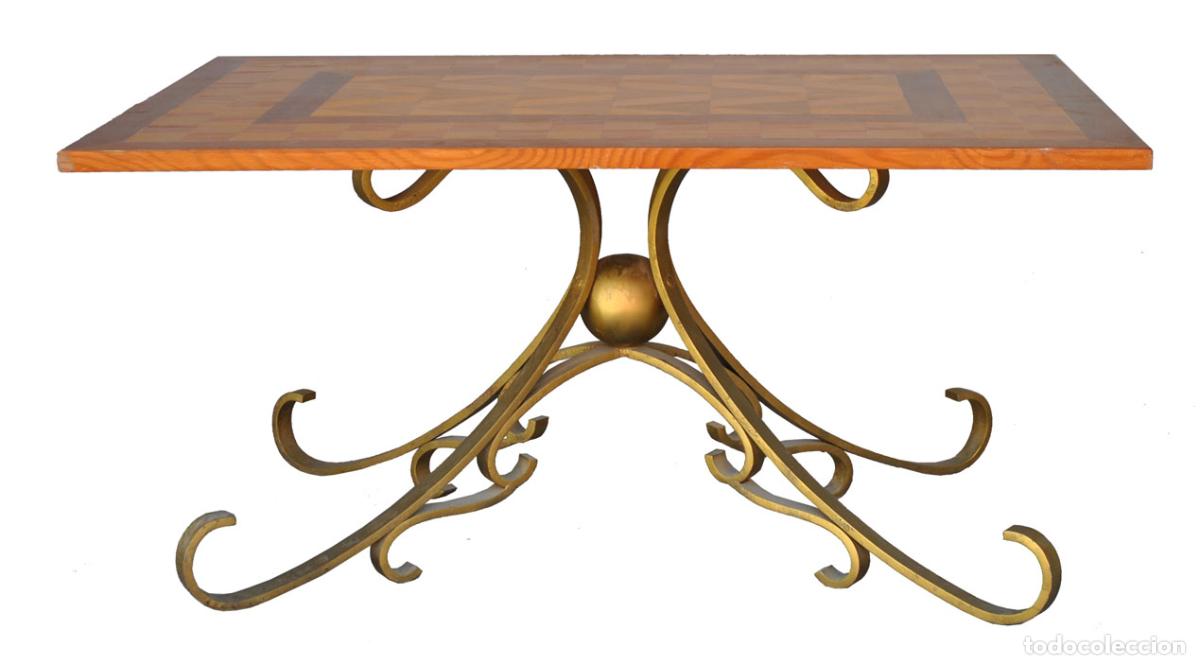 Antig&uuml;edades: Table basse bois et fer forg&eacute; dor&eacute; style 1940 - Foto 1