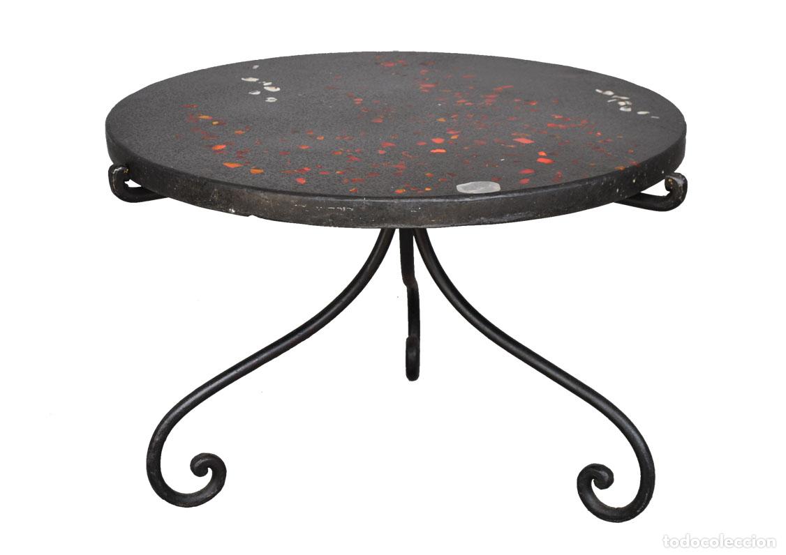 Antig&uuml;edades: Table basse fer forg&eacute; style 1940 plateau onyx avec incrustations - Foto 1