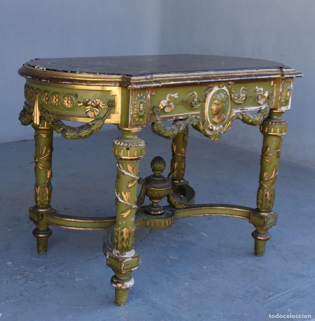 Antig&uuml;edades: Table dappoint laqu&eacute;e verte et dor&eacute;e &eacute;poque XIX&egrave;me - Foto 2