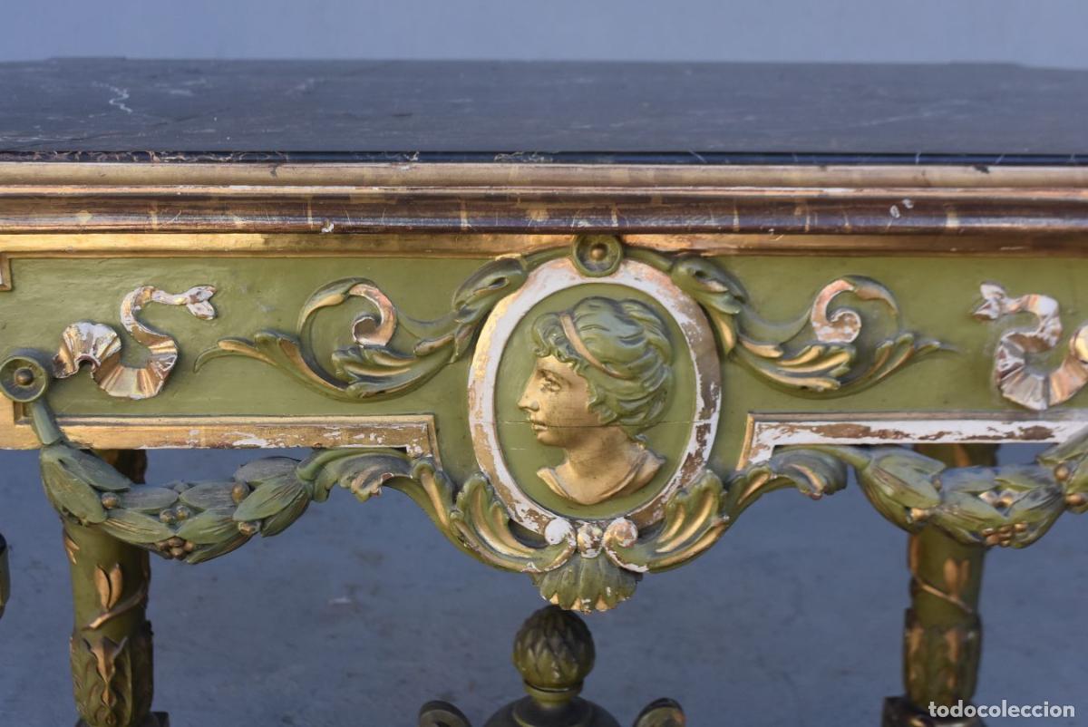 Antig&uuml;edades: Table dappoint laqu&eacute;e verte et dor&eacute;e &eacute;poque XIX&egrave;me - Foto 4