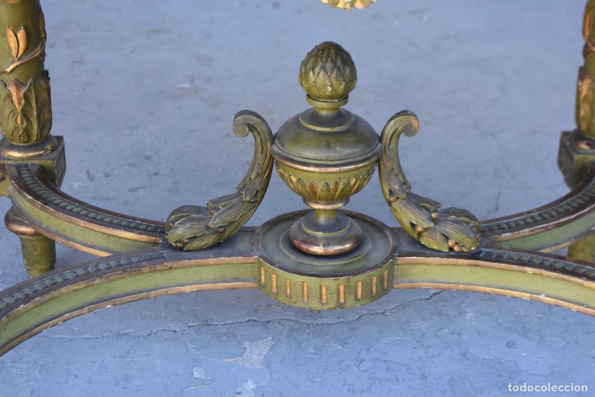 Antig&uuml;edades: Table dappoint laqu&eacute;e verte et dor&eacute;e &eacute;poque XIX&egrave;me - Foto 5