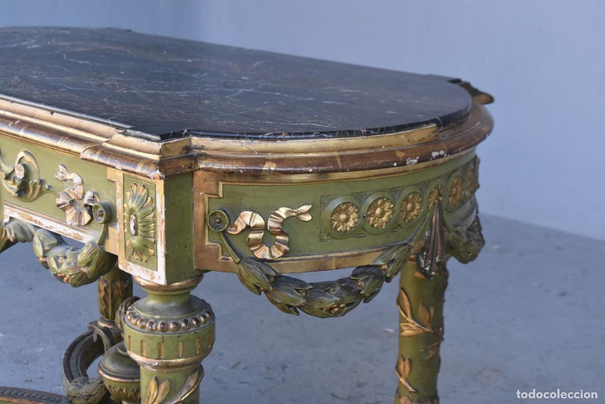 Antig&uuml;edades: Table dappoint laqu&eacute;e verte et dor&eacute;e &eacute;poque XIX&egrave;me - Foto 6