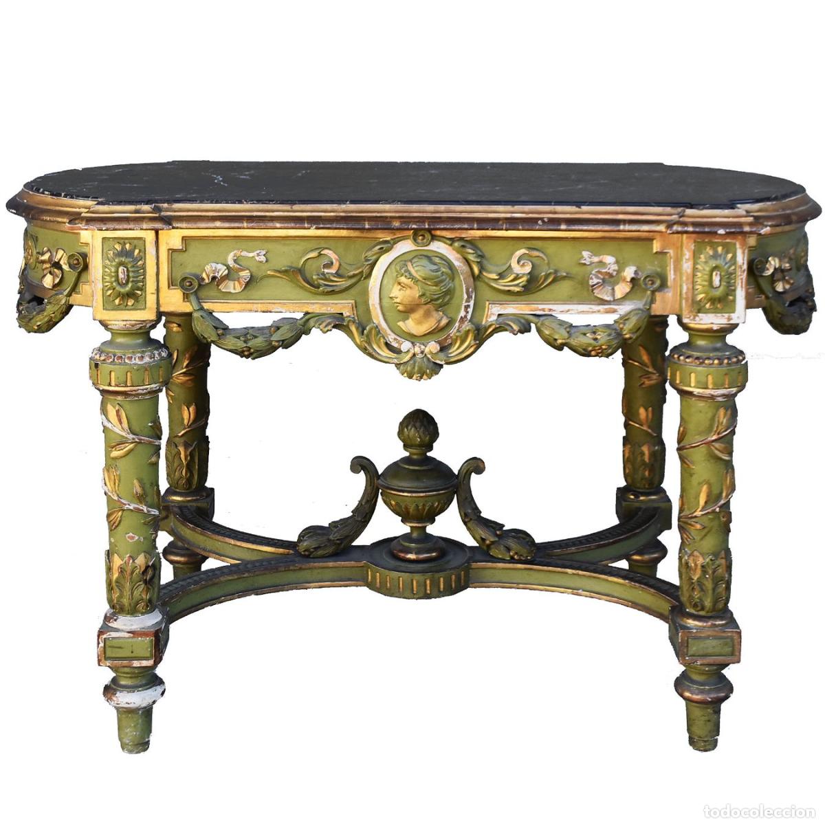 Antig&uuml;edades: Table dappoint laqu&eacute;e verte et dor&eacute;e &eacute;poque XIX&egrave;me - Foto 1