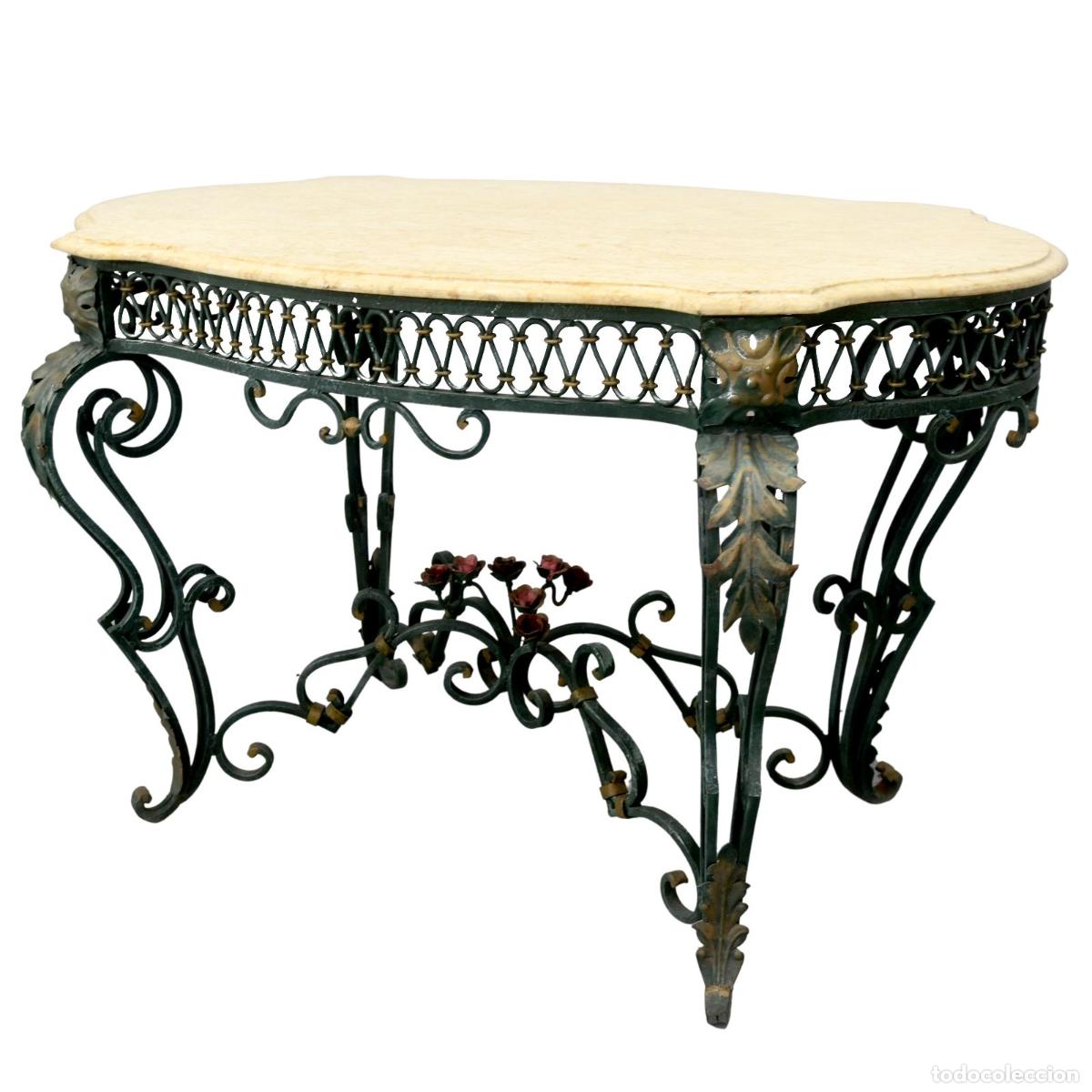 Antig&uuml;edades: Table de milieu fer forg&eacute; style 1940 plateau marbre - Foto 2
