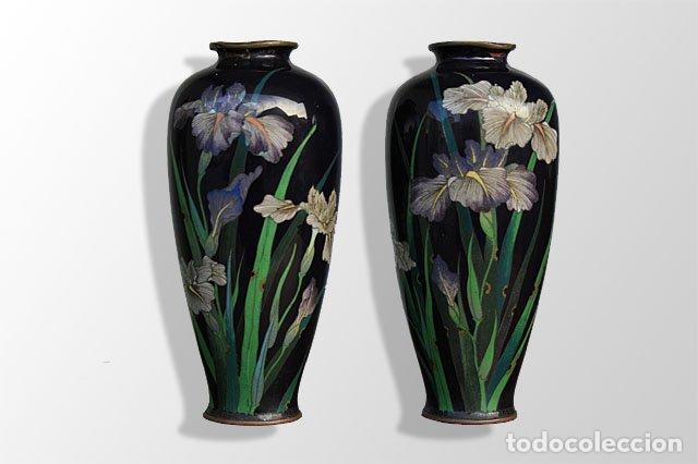 Antig&uuml;edades: Vases en cloisonn&eacute; chinois aux iris (paire) - Foto 1