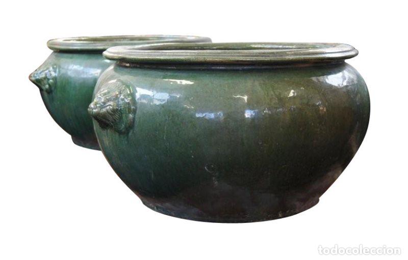 Antig&uuml;edades: Pots en gr&egrave;s &eacute;maill&eacute; vert (paire) - Foto 1