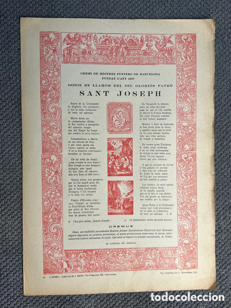 Antiques: GOIGS EN LLAHOR DEL SEU GLORI&Oacute;S PATRO SANT JOSEPH. GREMI DE MESTRES FUSTERS DE BARCELONA