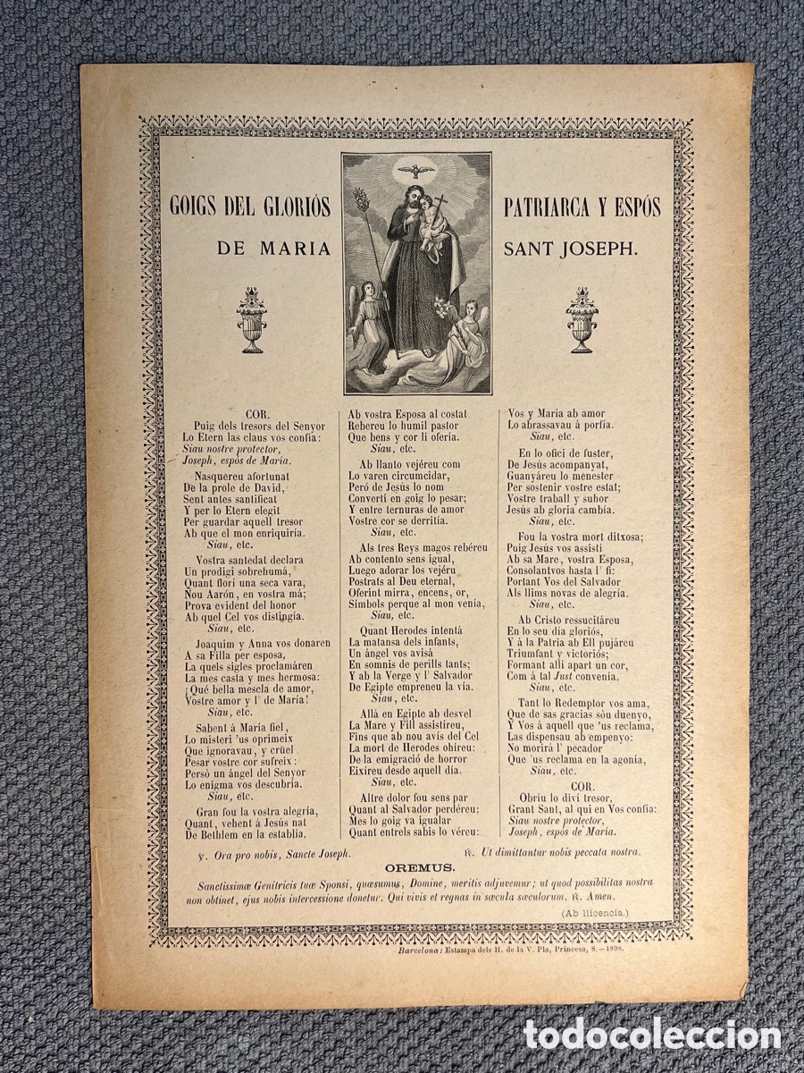 Antig&uuml;edades: GOIGS DEL GLORIOS PATRIARCA Y ESPOS DE MAR&Iacute;A SANT JOSEPH. Barcelona (a.1898)