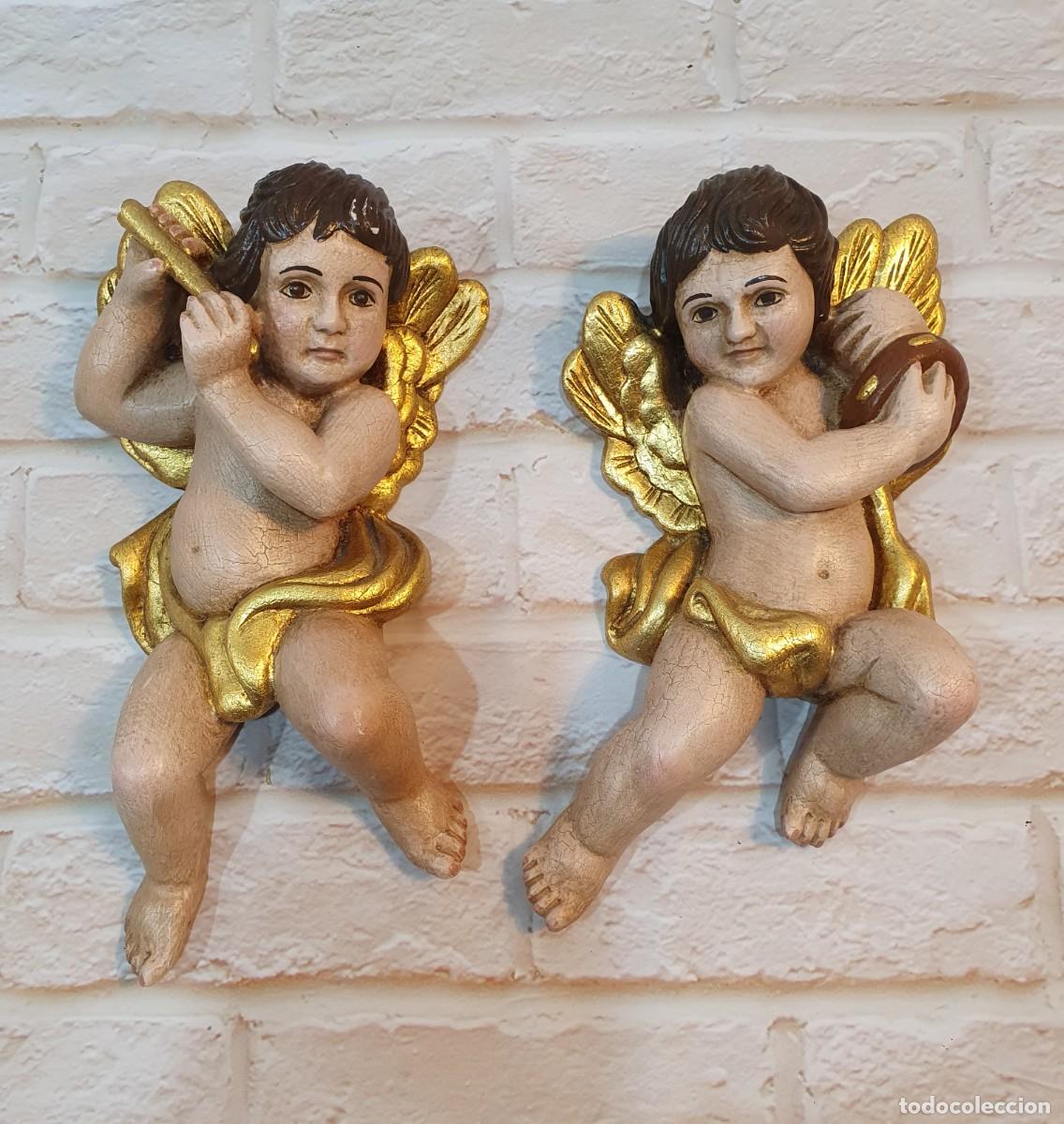Antig&uuml;edades: PAREJA DE ANGELITOS QUERUBINES DE MADERA POLICROMADA - Foto 1