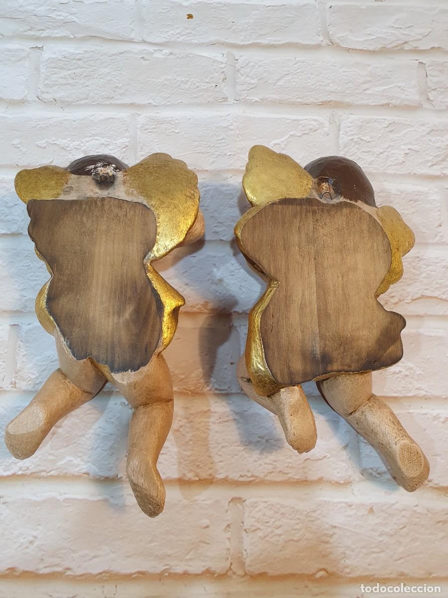 Antig&uuml;edades: PAREJA DE ANGELITOS QUERUBINES DE MADERA POLICROMADA - Foto 4