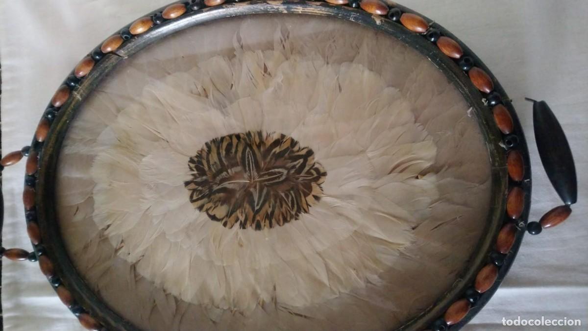 Antig&uuml;edades: bandeja con plumas ave. madera y cristal - Foto 1