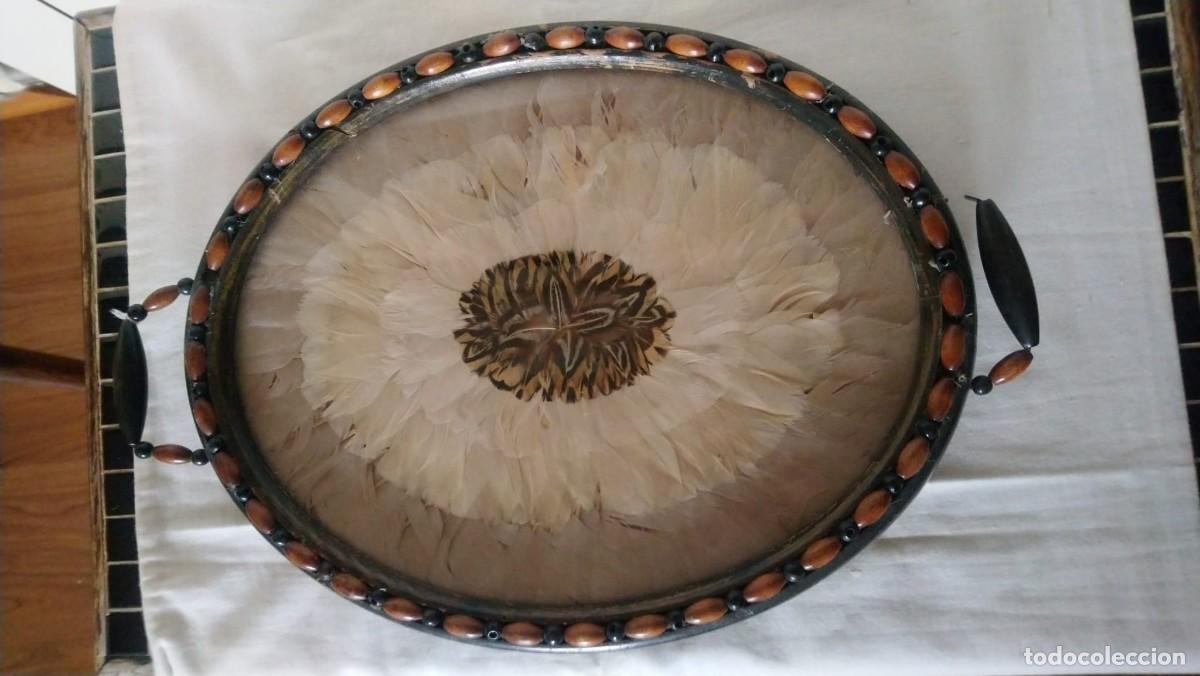 Antig&uuml;edades: bandeja con plumas ave. madera y cristal - Foto 3