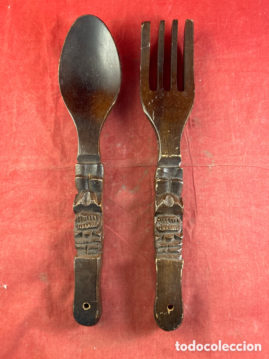 Antig&uuml;edades: CUCHARA Y TENEDOR DE MADERA - Foto 1