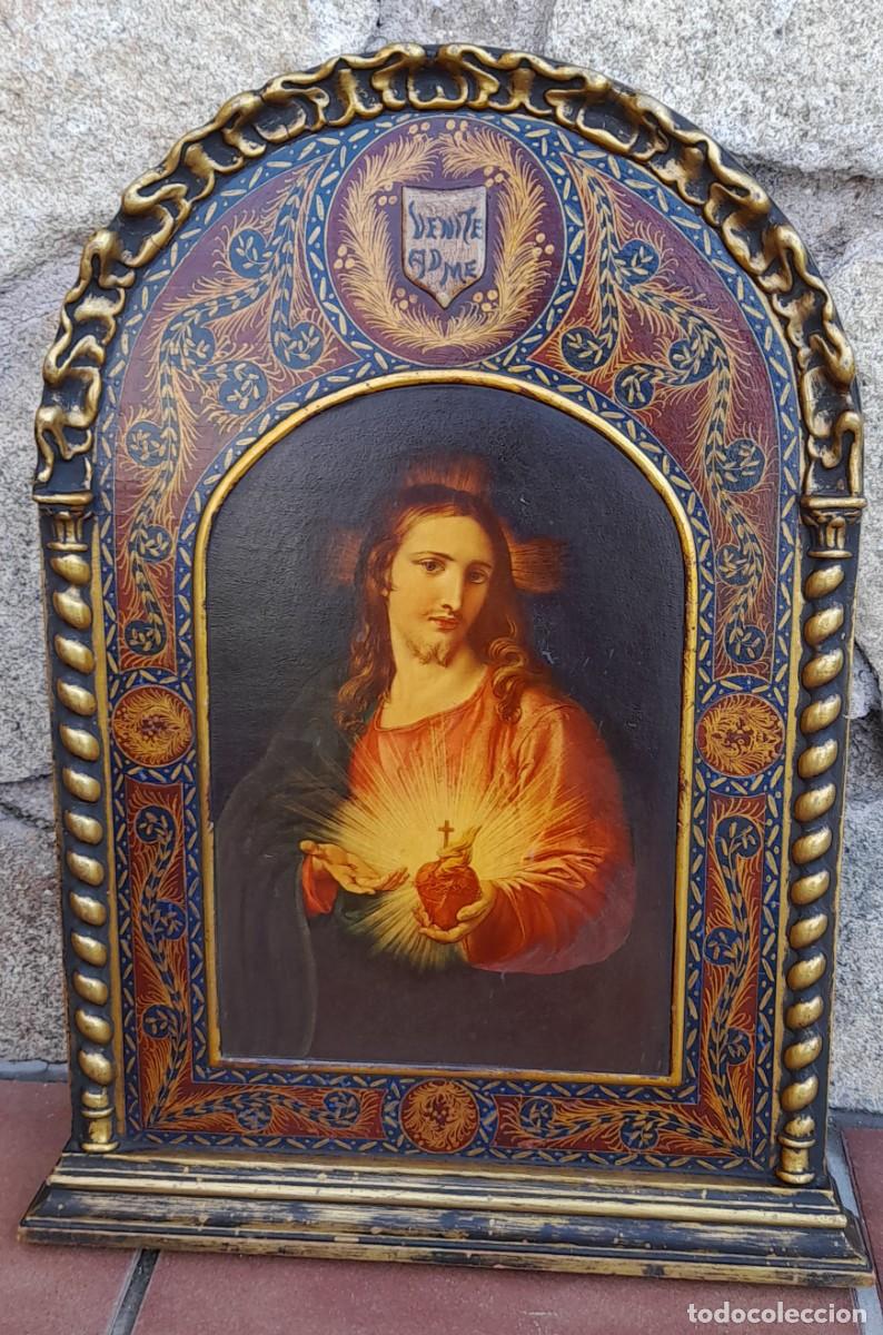 Antig&uuml;edades: RETABLO DE SAGRADO CORAZ&Oacute;N SOBRE PIEL - Foto 1