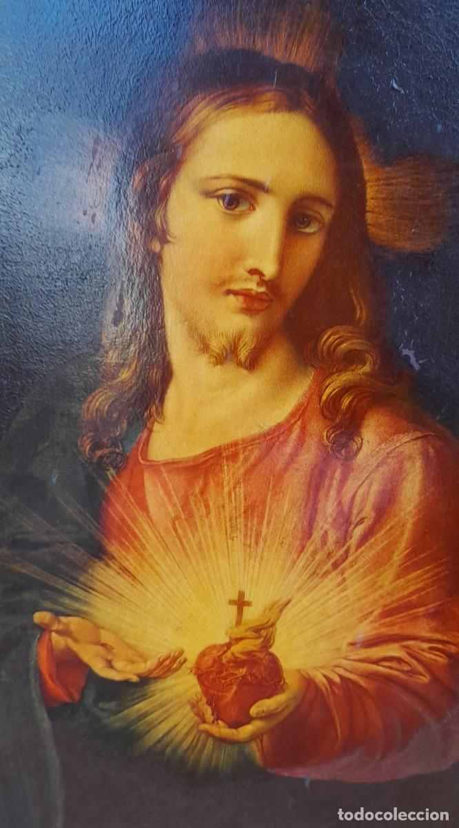 Antig&uuml;edades: RETABLO DE SAGRADO CORAZ&Oacute;N SOBRE PIEL - Foto 2