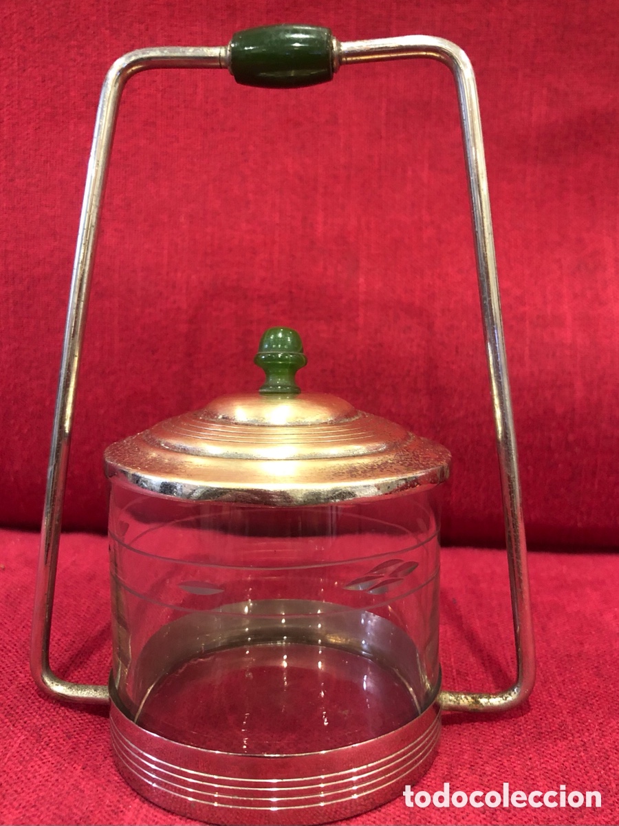 Antiquit&eacute;s: Antiguo azucarero art deco de lat&oacute;n plateado y Cristal tallado