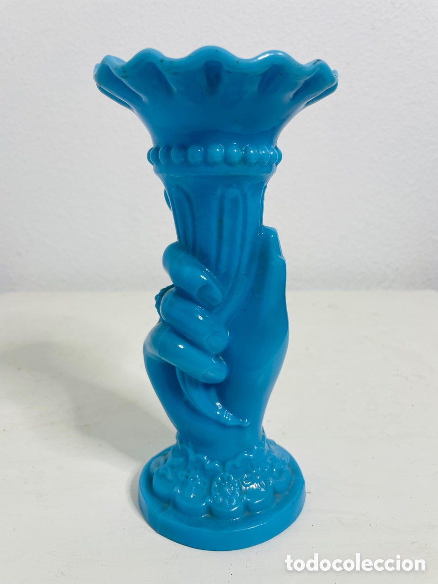 Antig&uuml;edades: Jarron Opalina Azul Vintage - Foto 9