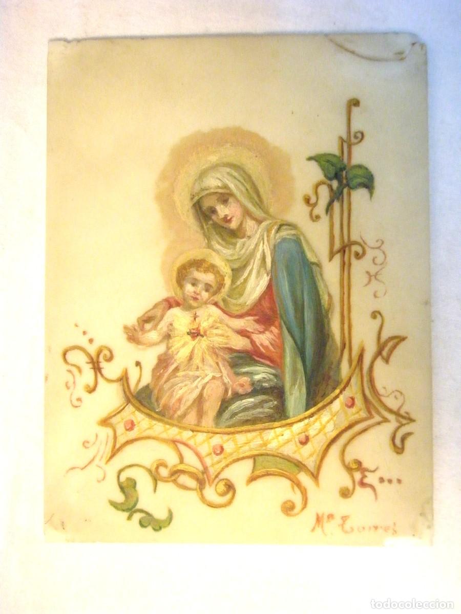 Antig&uuml;edades: PLACA DE OPALINA PINTADA A MANO CON VIRGEN Y NI&Ntilde;O - Foto 1