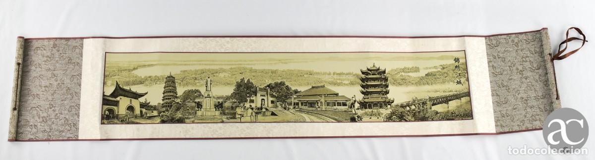 Antiques: Scroll pergaminho com Gravura chinesa em papel de arroz e tecido