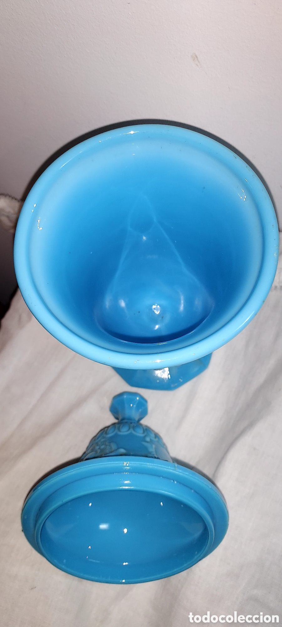 Antig&uuml;edades: COPA CON TAPA EN OPALINA AZUL TURQUESA MIDE 31 DE ALTO - Foto 5