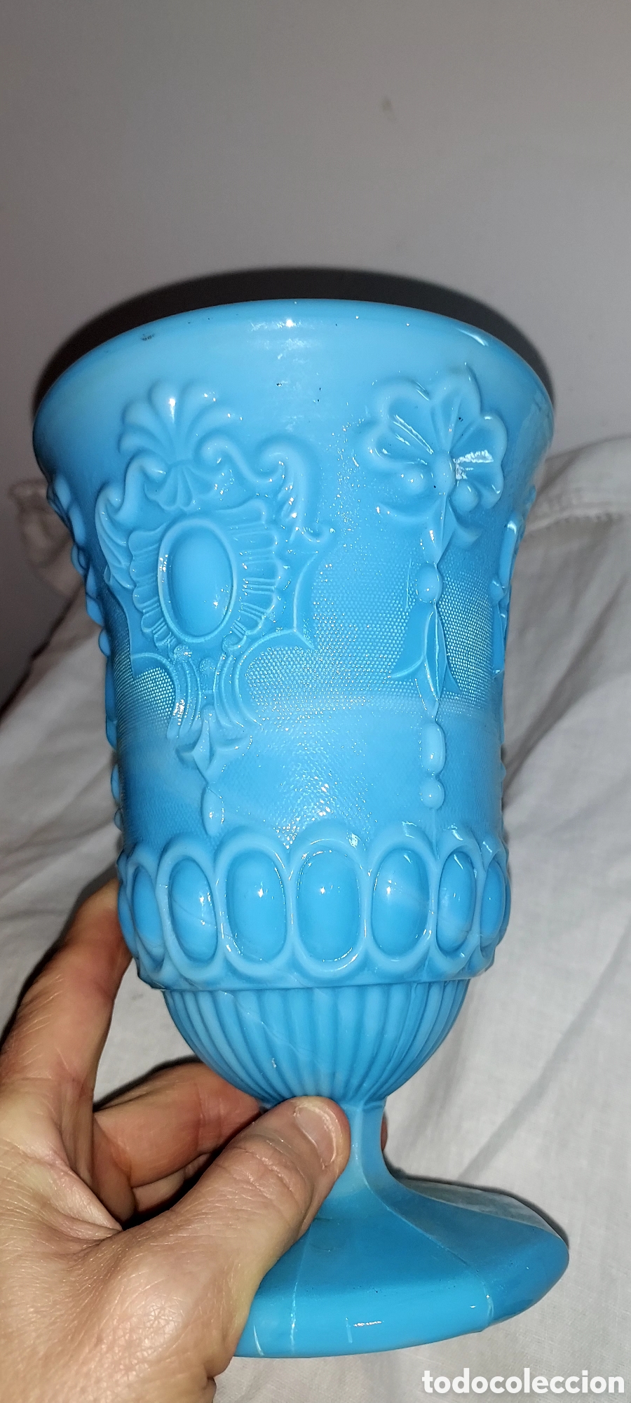 Antig&uuml;edades: COPA CON TAPA EN OPALINA AZUL TURQUESA MIDE 31 DE ALTO - Foto 8